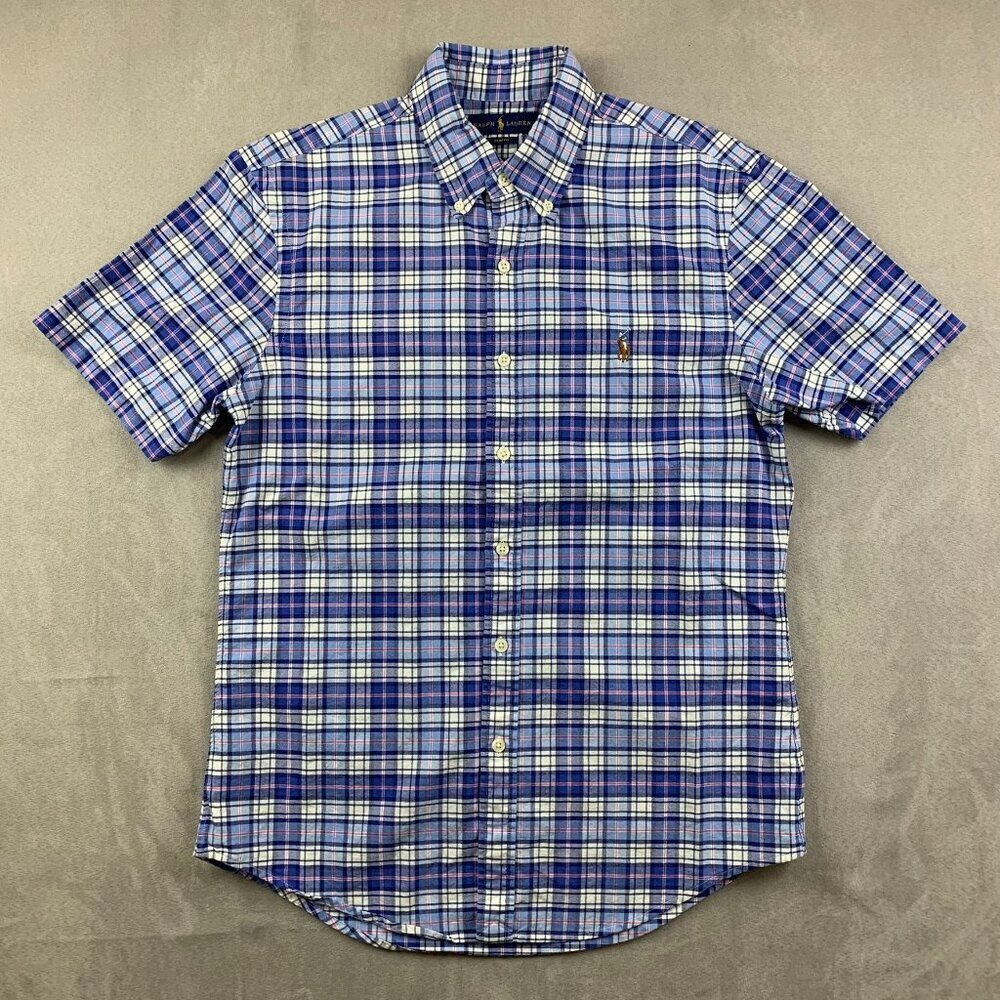 Ralph Lauren Polo Mens Shirt Medium Blue Plaid Button Up Slim Fit Flesh Pony